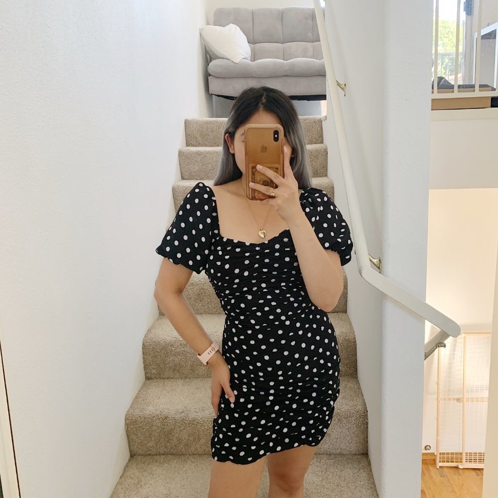 Zara Polka Dot Print Ruched Puff Sleeve Mini Dress In Black And White XS